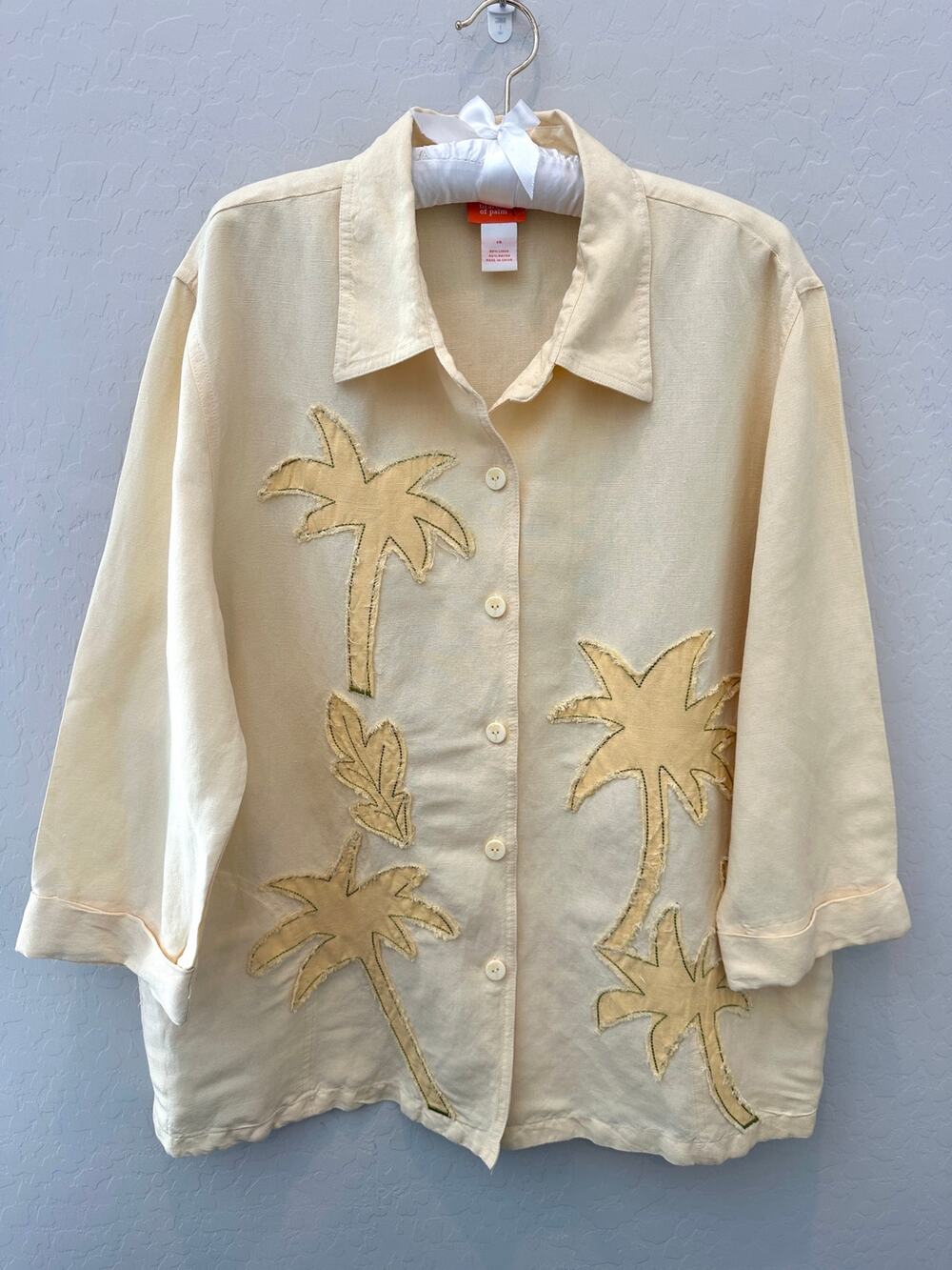 HEARTS OF PALM Linen Blend Palm Tree Tropical Resort Camp Shirt Top Size 14